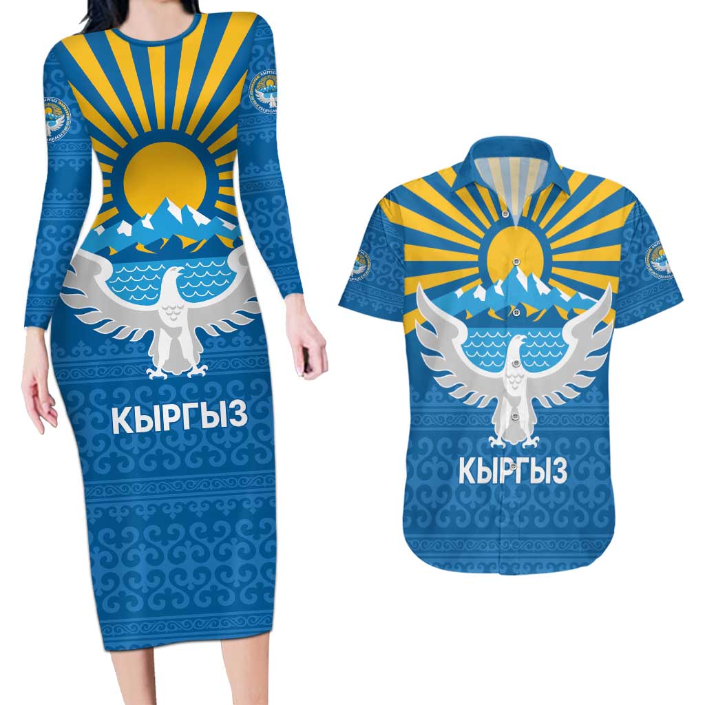 Kyrgyzstan Falcon Personalized Couples Matching Long Sleeve Bodycon Dress and Hawaiian Shirt Tian Shan Mountains Rising Sun