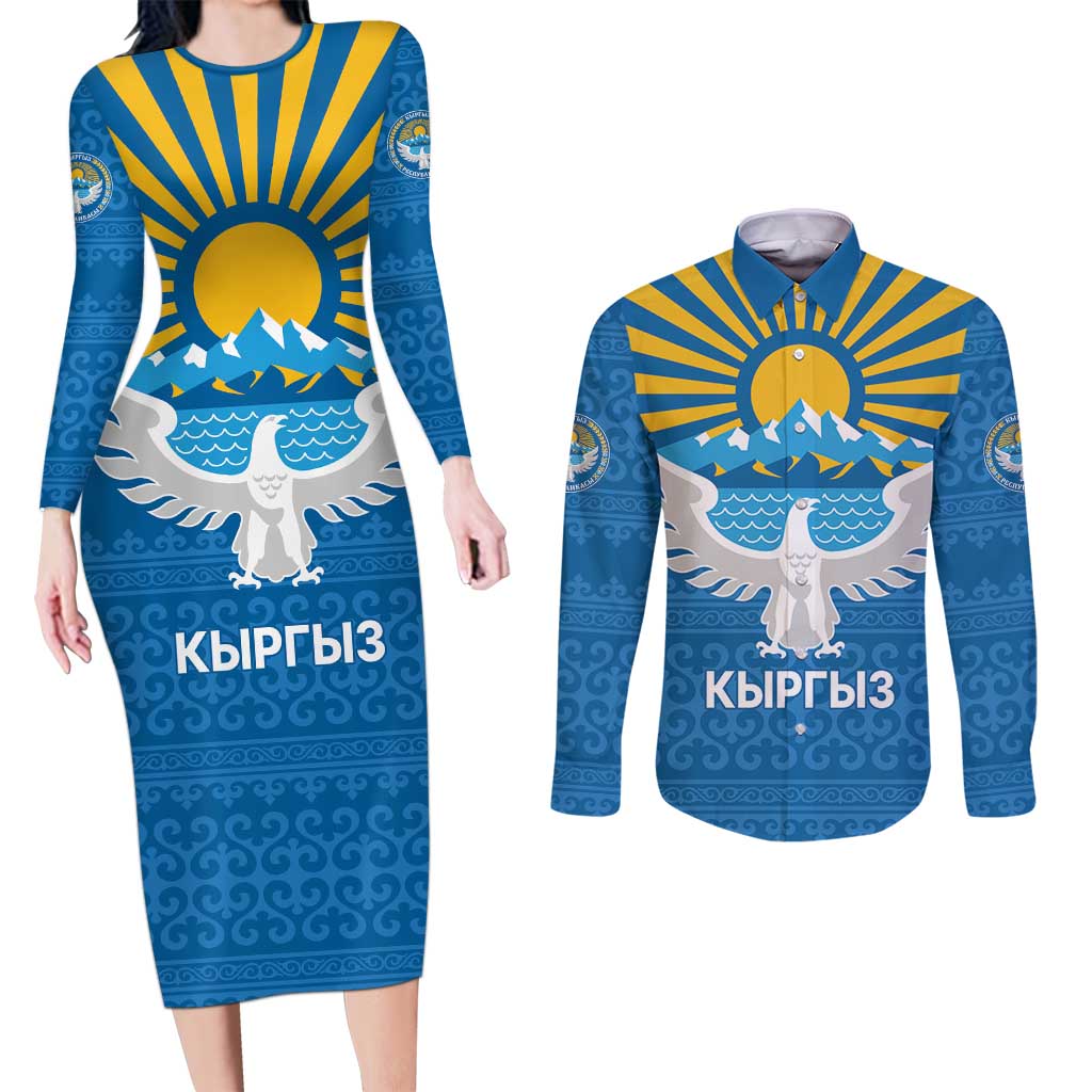 Kyrgyzstan Falcon Personalized Couples Matching Long Sleeve Bodycon Dress and Long Sleeve Button Shirt Tian Shan Mountains Rising Sun