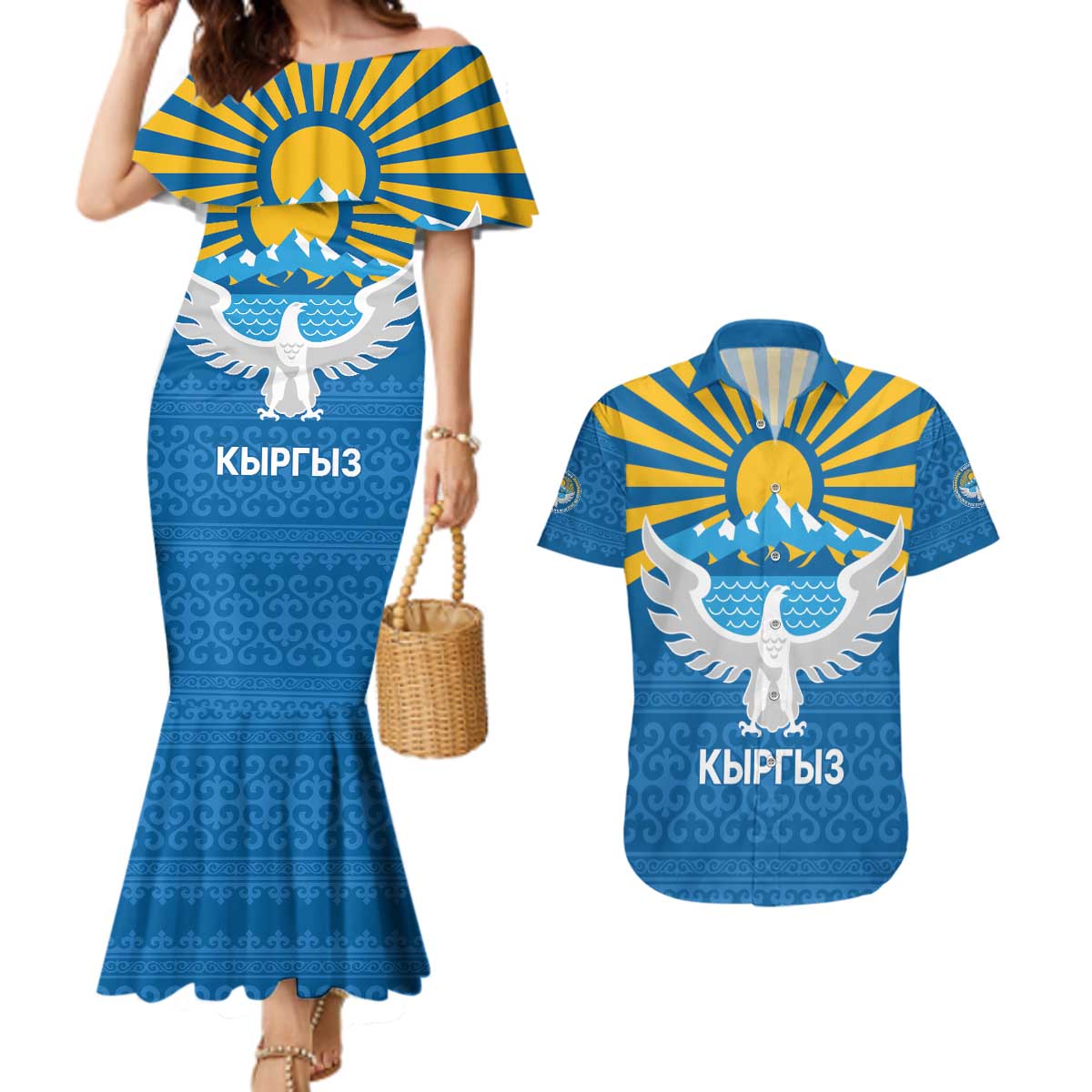 Kyrgyzstan Falcon Personalized Couples Matching Mermaid Dress and Hawaiian Shirt Tian Shan Mountains Rising Sun