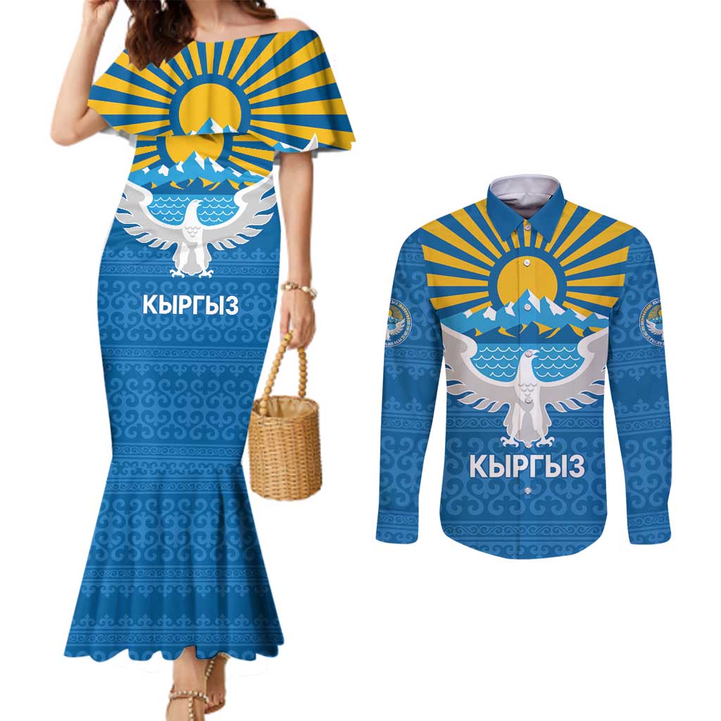 Kyrgyzstan Falcon Personalized Couples Matching Mermaid Dress and Long Sleeve Button Shirt Tian Shan Mountains Rising Sun