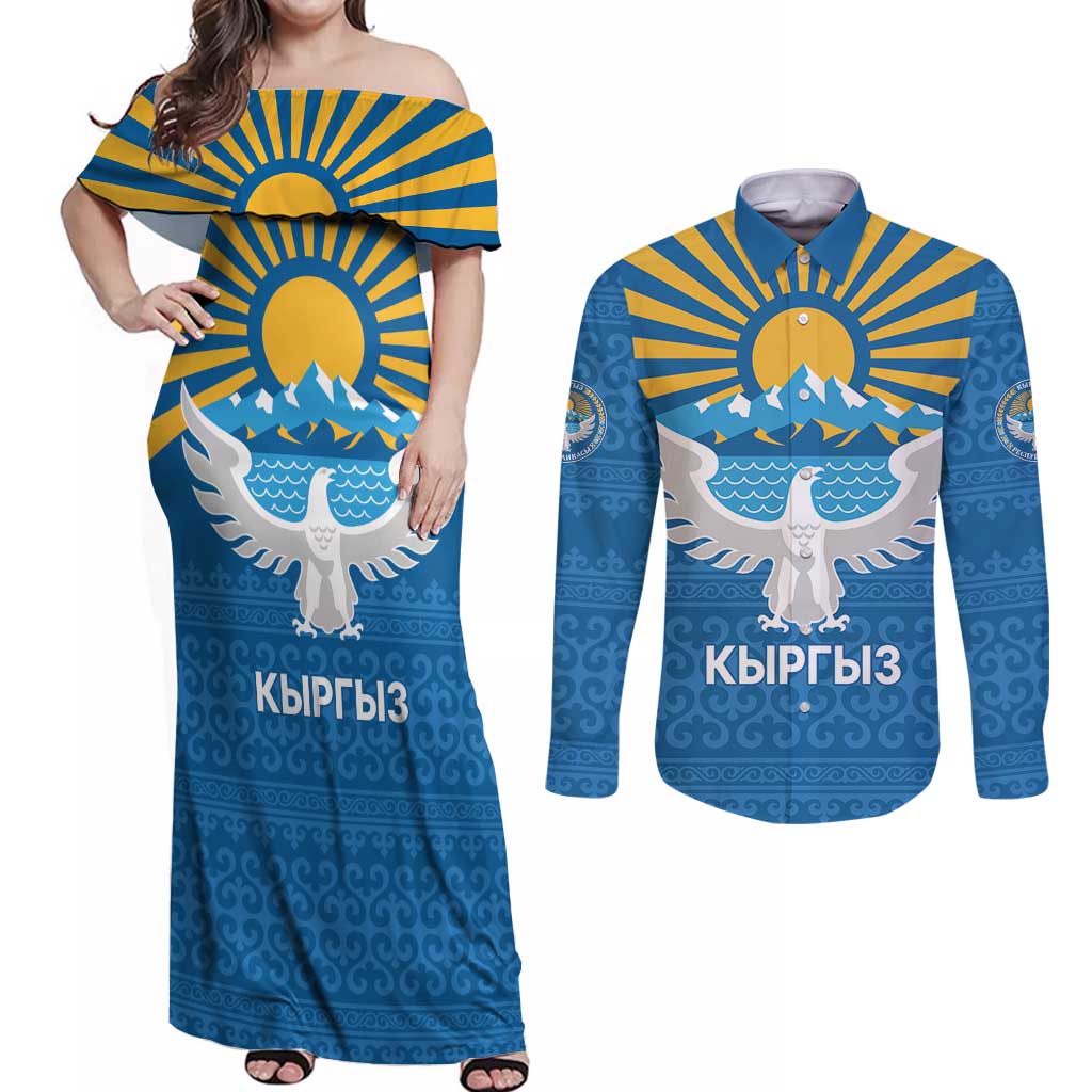 Kyrgyzstan Falcon Personalized Couples Matching Off Shoulder Maxi Dress and Long Sleeve Button Shirt Tian Shan Mountains Rising Sun