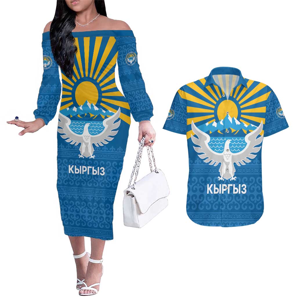 Kyrgyzstan Falcon Personalized Couples Matching Off The Shoulder Long Sleeve Dress and Hawaiian Shirt Tian Shan Mountains Rising Sun