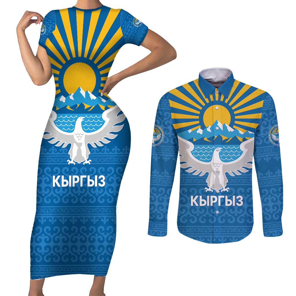 Kyrgyzstan Falcon Personalized Couples Matching Short Sleeve Bodycon Dress and Long Sleeve Button Shirt Tian Shan Mountains Rising Sun