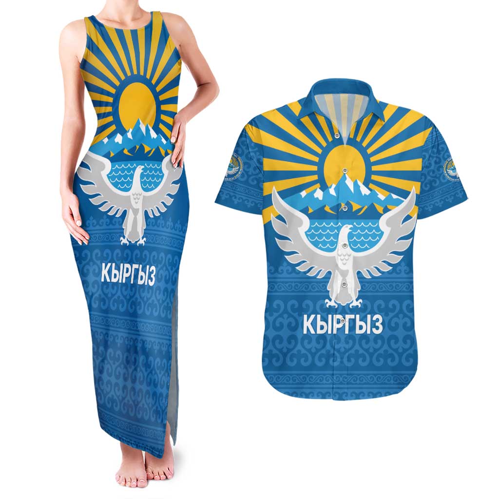 Kyrgyzstan Falcon Personalized Couples Matching Tank Maxi Dress and Hawaiian Shirt Tian Shan Mountains Rising Sun