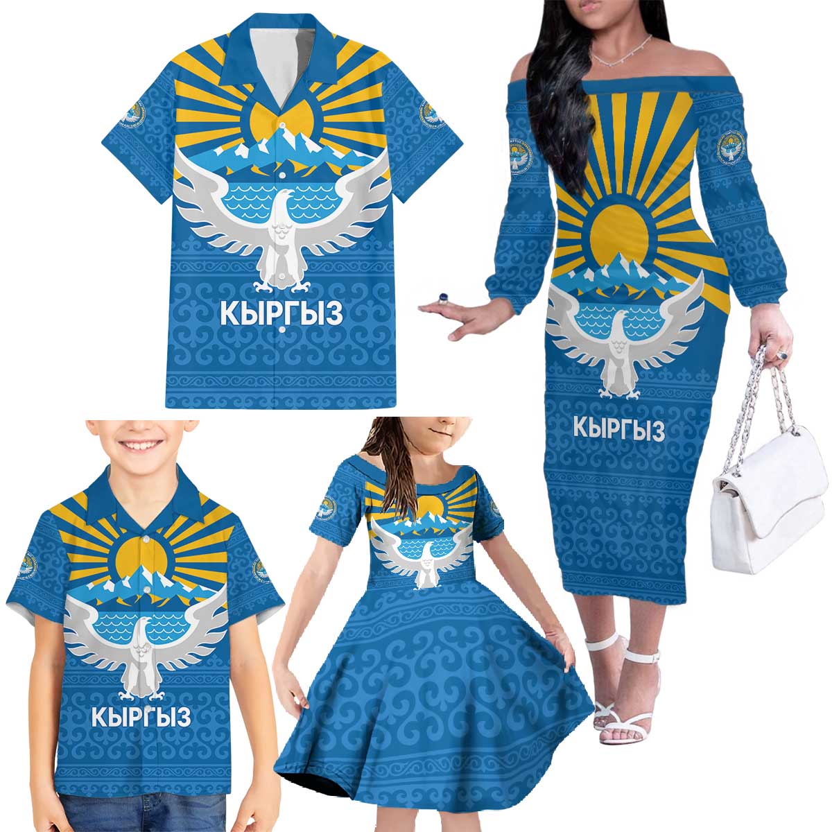 Kyrgyzstan Falcon Personalized Family Matching Off The Shoulder Long Sleeve Dress and Hawaiian Shirt Tian Shan Mountains Rising Sun