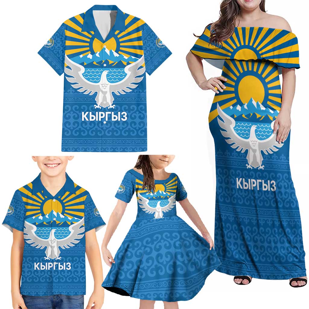 Kyrgyzstan Falcon Personalized Family Matching Off Shoulder Maxi Dress and Hawaiian Shirt Tian Shan Mountains Rising Sun