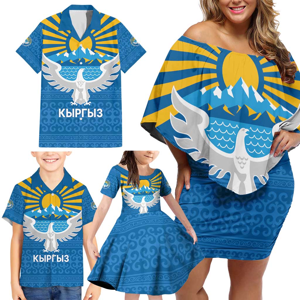 Kyrgyzstan Falcon Personalized Family Matching Off Shoulder Short Dress and Hawaiian Shirt Tian Shan Mountains Rising Sun