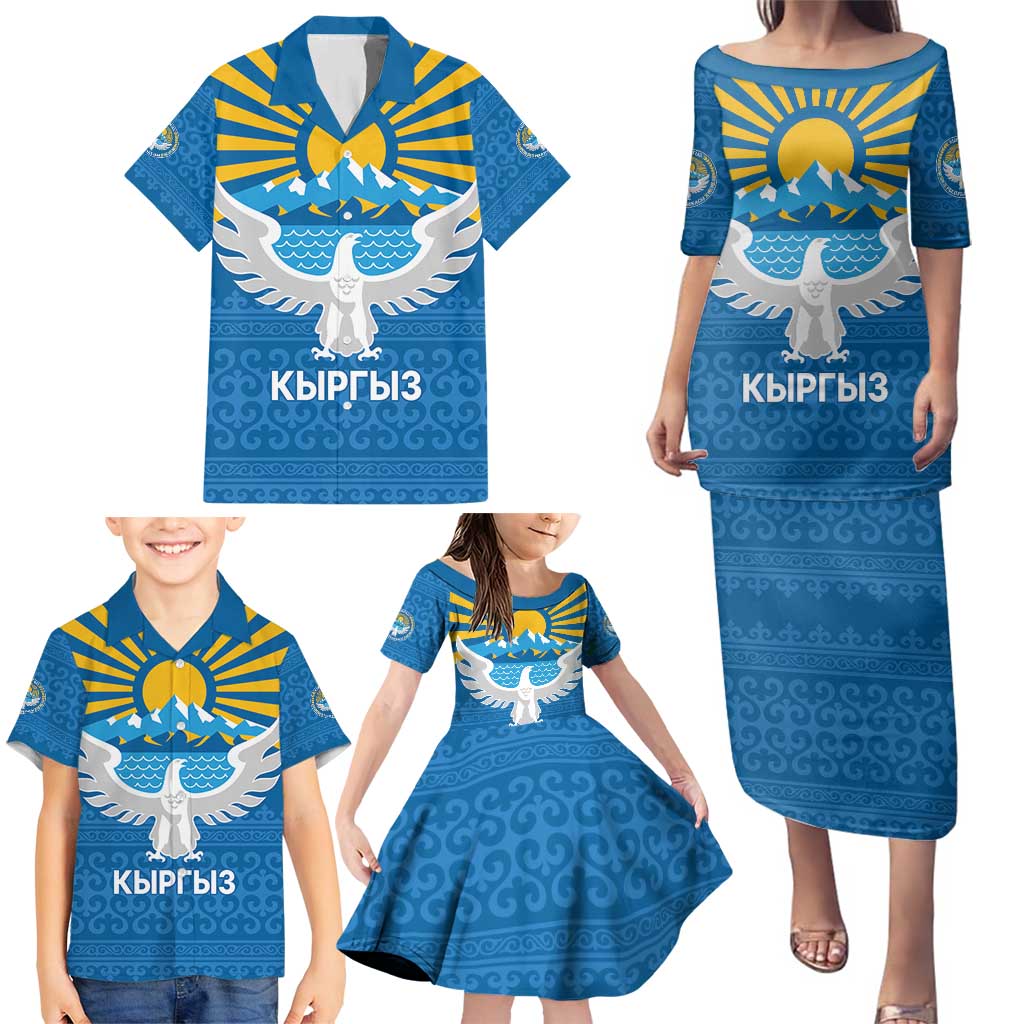 Kyrgyzstan Falcon Personalized Family Matching Puletasi and Hawaiian Shirt Tian Shan Mountains Rising Sun