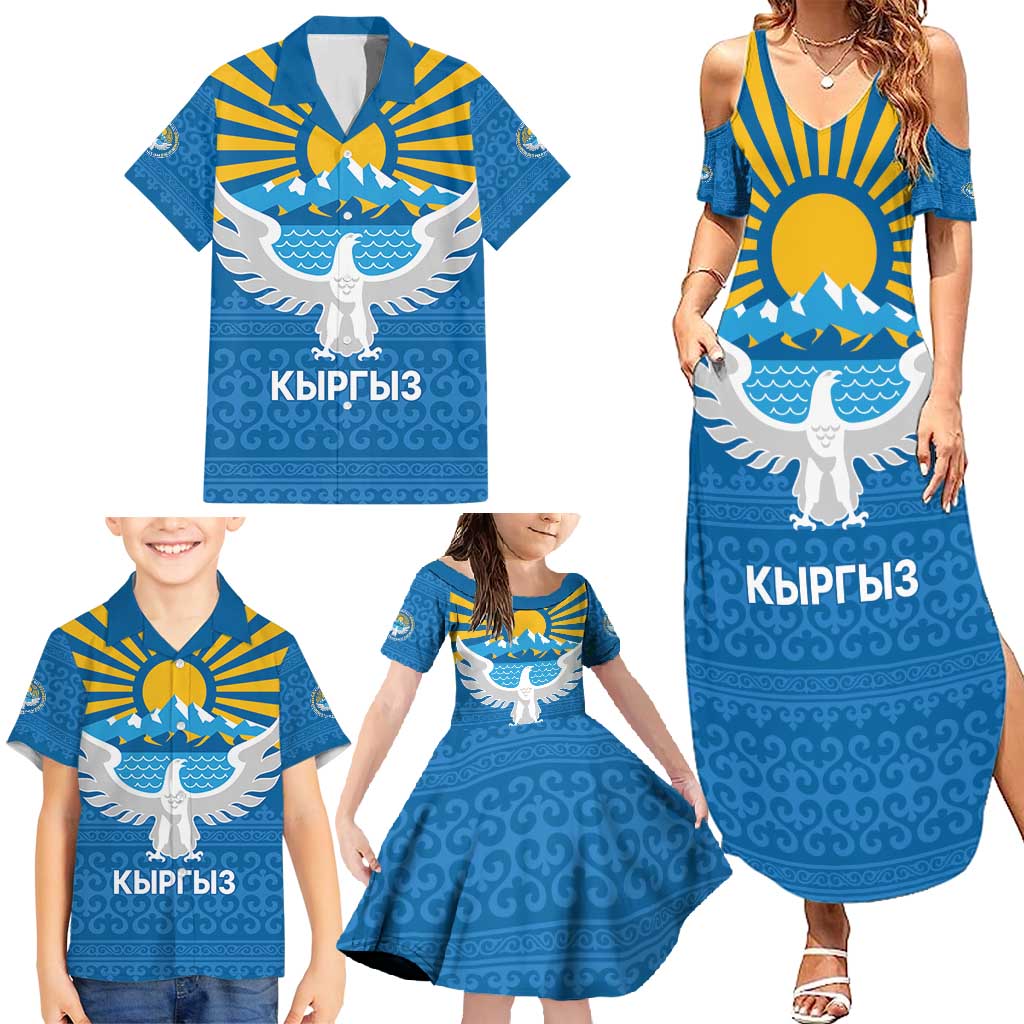 Kyrgyzstan Falcon Personalized Family Matching Summer Maxi Dress and Hawaiian Shirt Tian Shan Mountains Rising Sun