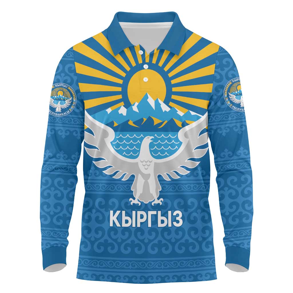 Kyrgyzstan Falcon Personalized Long Sleeve Polo Shirt Tian Shan Mountains Rising Sun