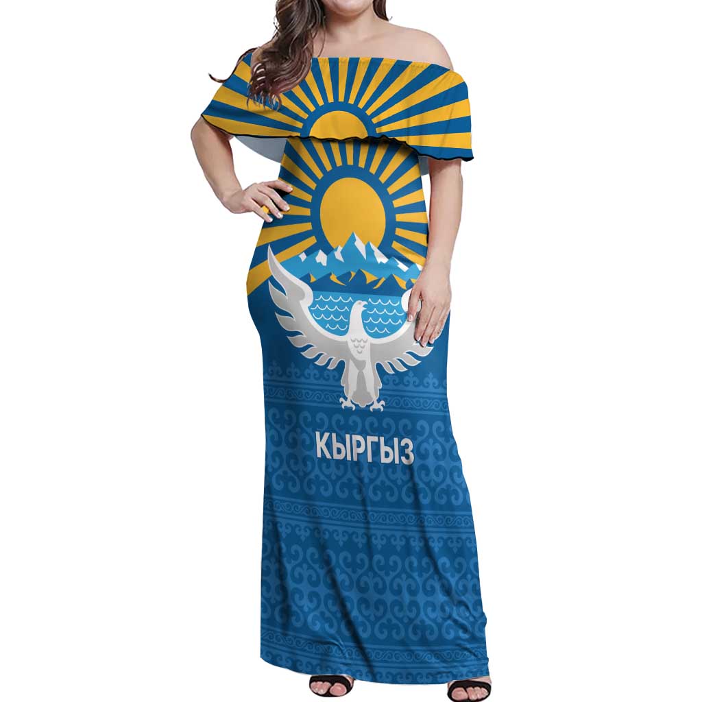 Kyrgyzstan Falcon Personalized Off Shoulder Maxi Dress Tian Shan Mountains Rising Sun