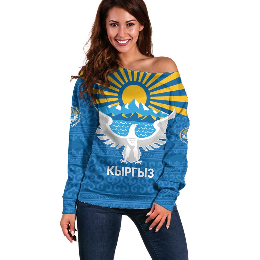 Kyrgyzstan Falcon Personalized Off Shoulder Sweater Tian Shan Mountains Rising Sun