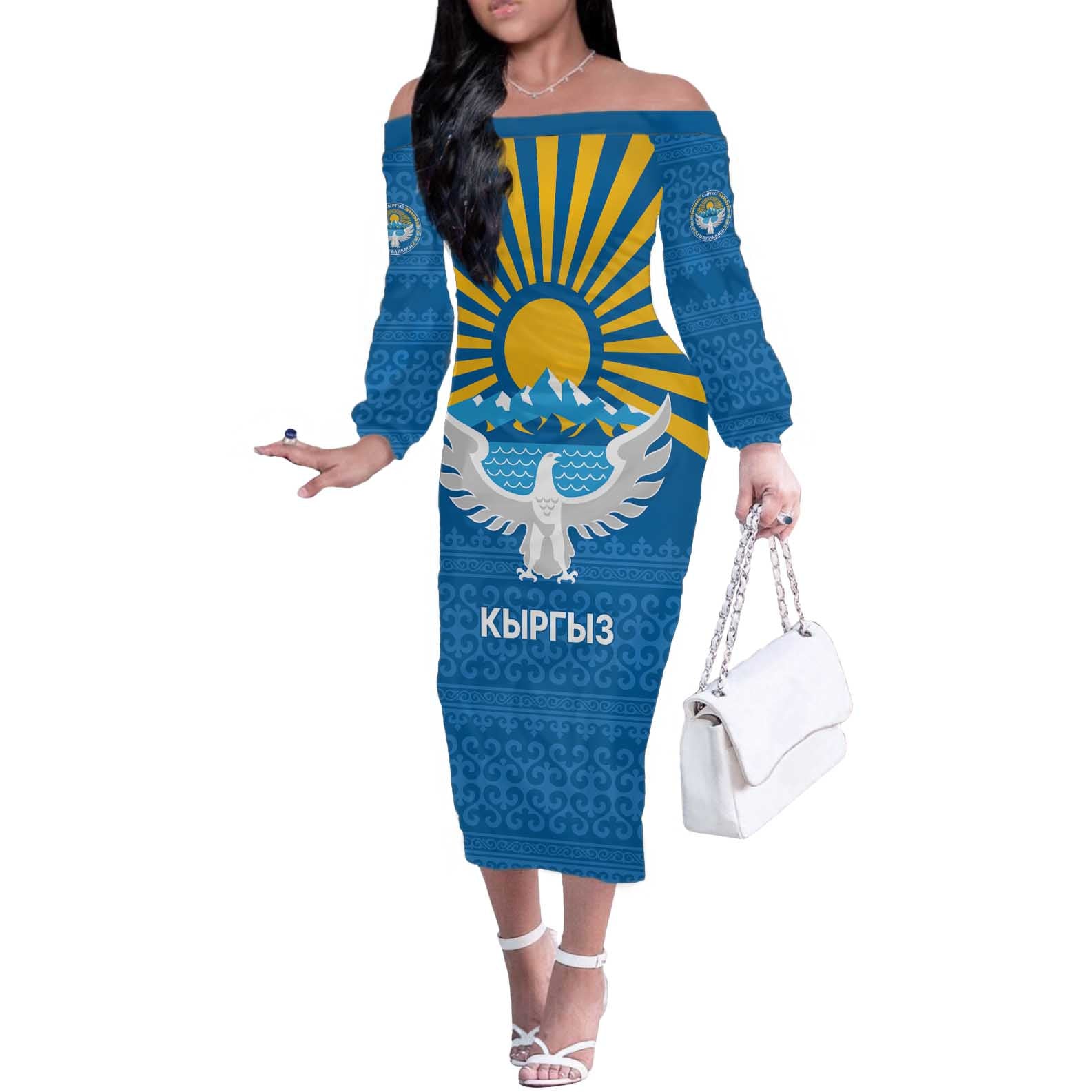 Kyrgyzstan Falcon Personalized Off The Shoulder Long Sleeve Dress Tian Shan Mountains Rising Sun