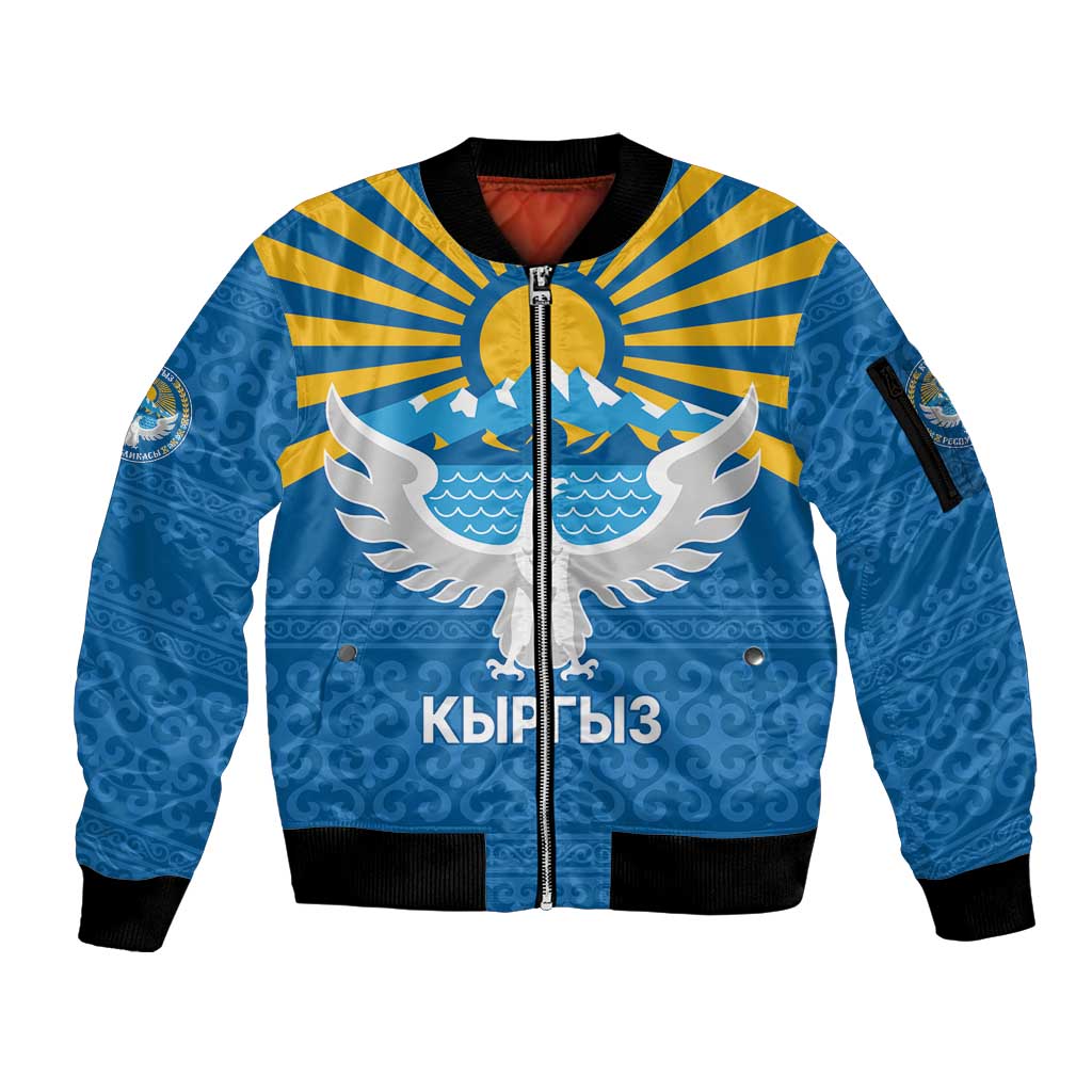 Kyrgyzstan Falcon Personalized Sleeve Zip Bomber Jacket Tian Shan Mountains Rising Sun