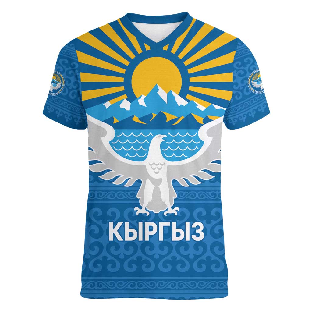 Kyrgyzstan Falcon Personalized Women V-Neck T-Shirt Tian Shan Mountains Rising Sun