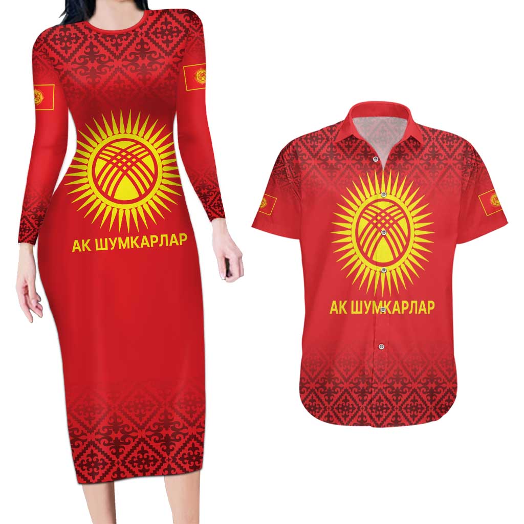 Kyrgyzstan Football Custom Couples Matching Long Sleeve Bodycon Dress and Hawaiian Shirt Kazakh Pattern