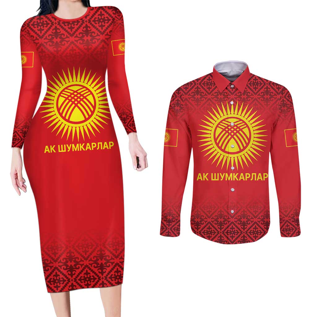 Kyrgyzstan Football Custom Couples Matching Long Sleeve Bodycon Dress and Long Sleeve Button Shirt Kazakh Pattern