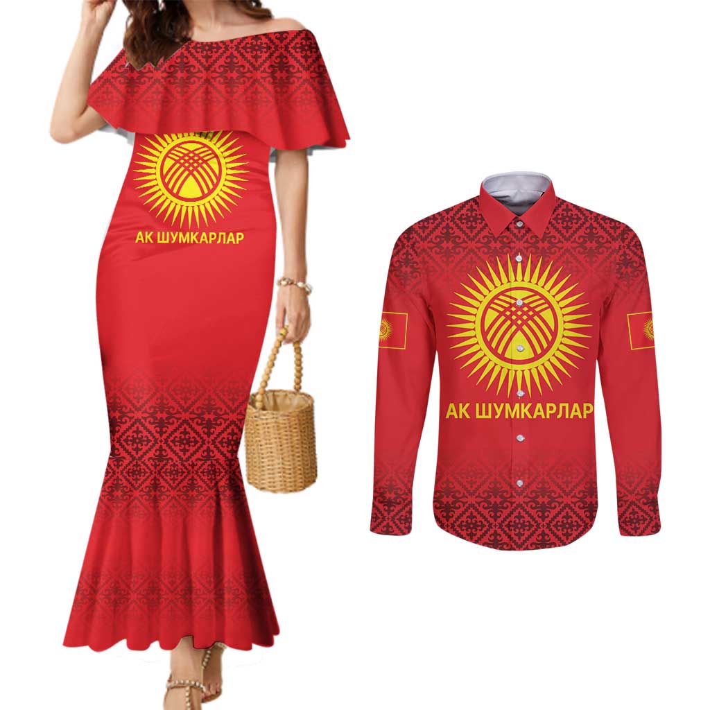 Kyrgyzstan Football Custom Couples Matching Mermaid Dress and Long Sleeve Button Shirt Kazakh Pattern