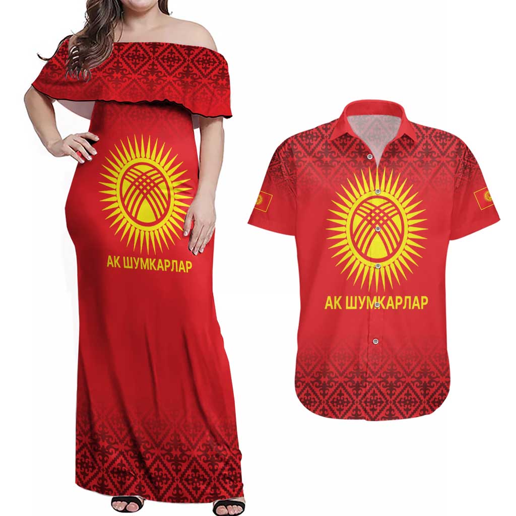 Kyrgyzstan Football Custom Couples Matching Off Shoulder Maxi Dress and Hawaiian Shirt Kazakh Pattern