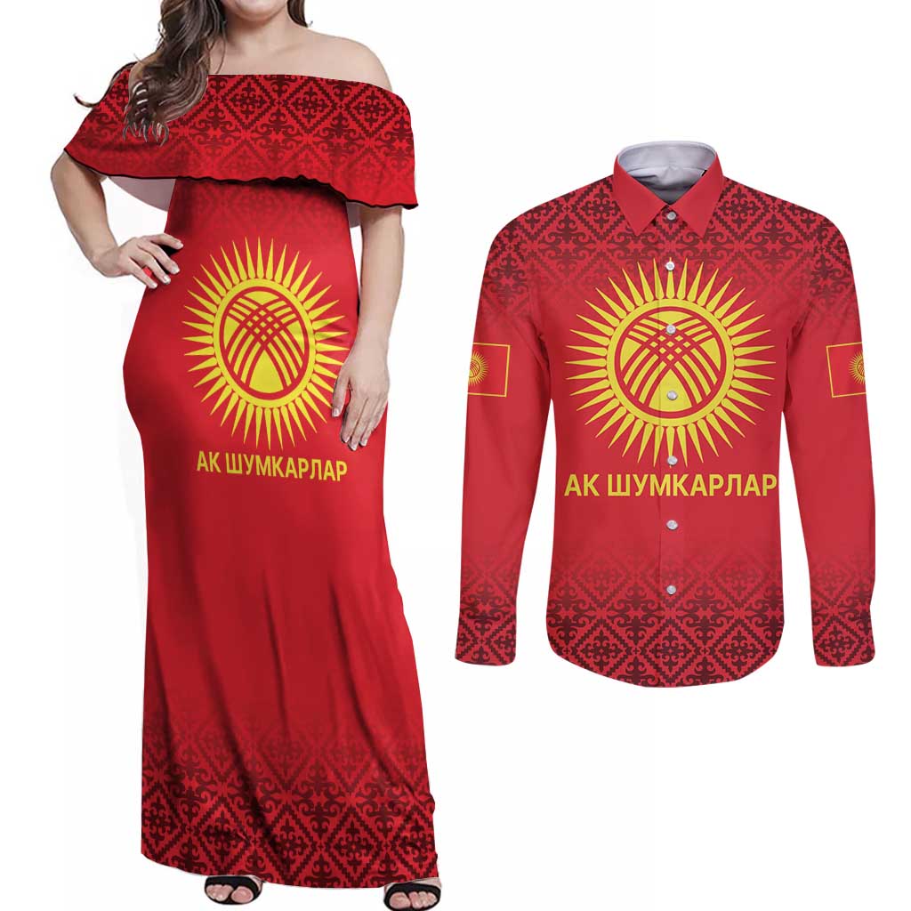 Kyrgyzstan Football Custom Couples Matching Off Shoulder Maxi Dress and Long Sleeve Button Shirt Kazakh Pattern