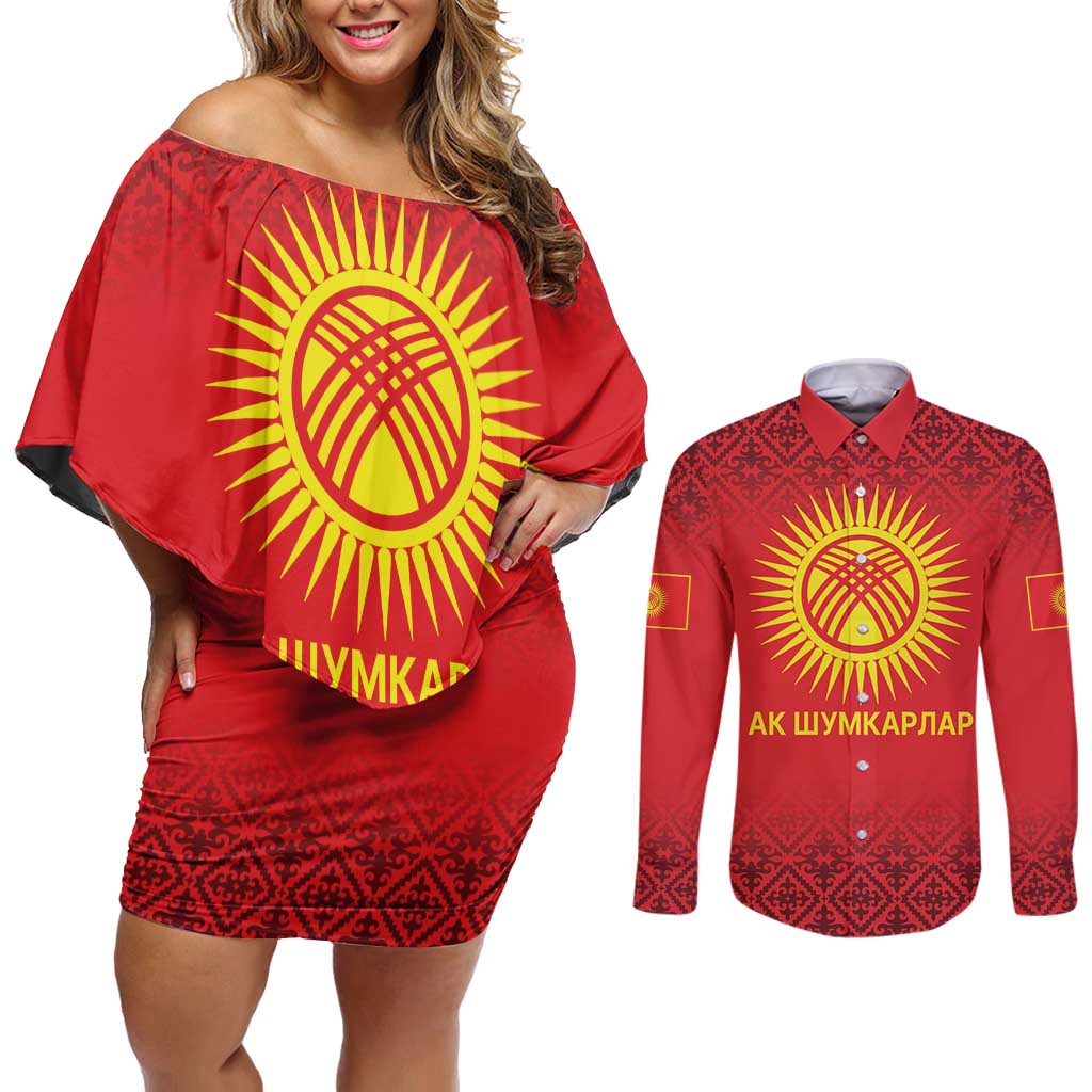 Kyrgyzstan Football Custom Couples Matching Off Shoulder Short Dress and Long Sleeve Button Shirt Kazakh Pattern