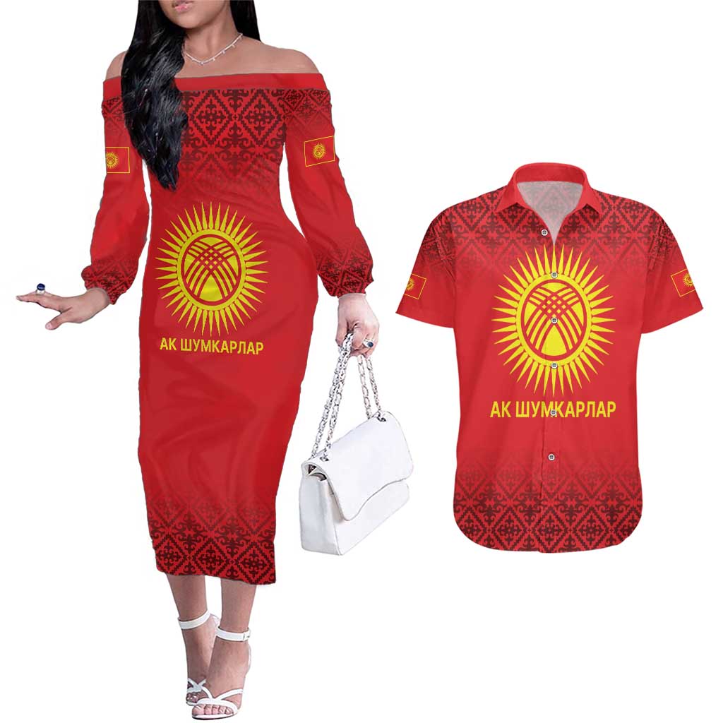 Kyrgyzstan Football Custom Couples Matching Off The Shoulder Long Sleeve Dress and Hawaiian Shirt Kazakh Pattern