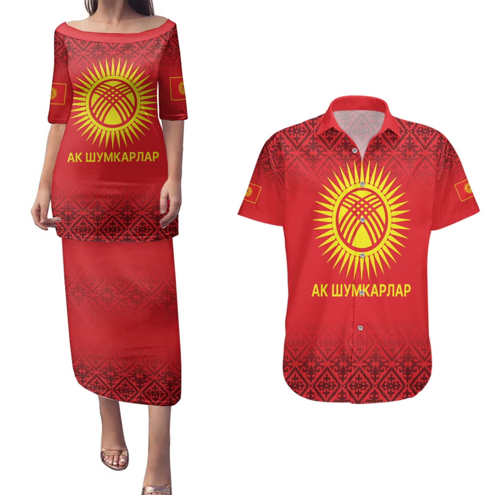 Kyrgyzstan Football Custom Couples Matching Puletasi and Hawaiian Shirt Kazakh Pattern