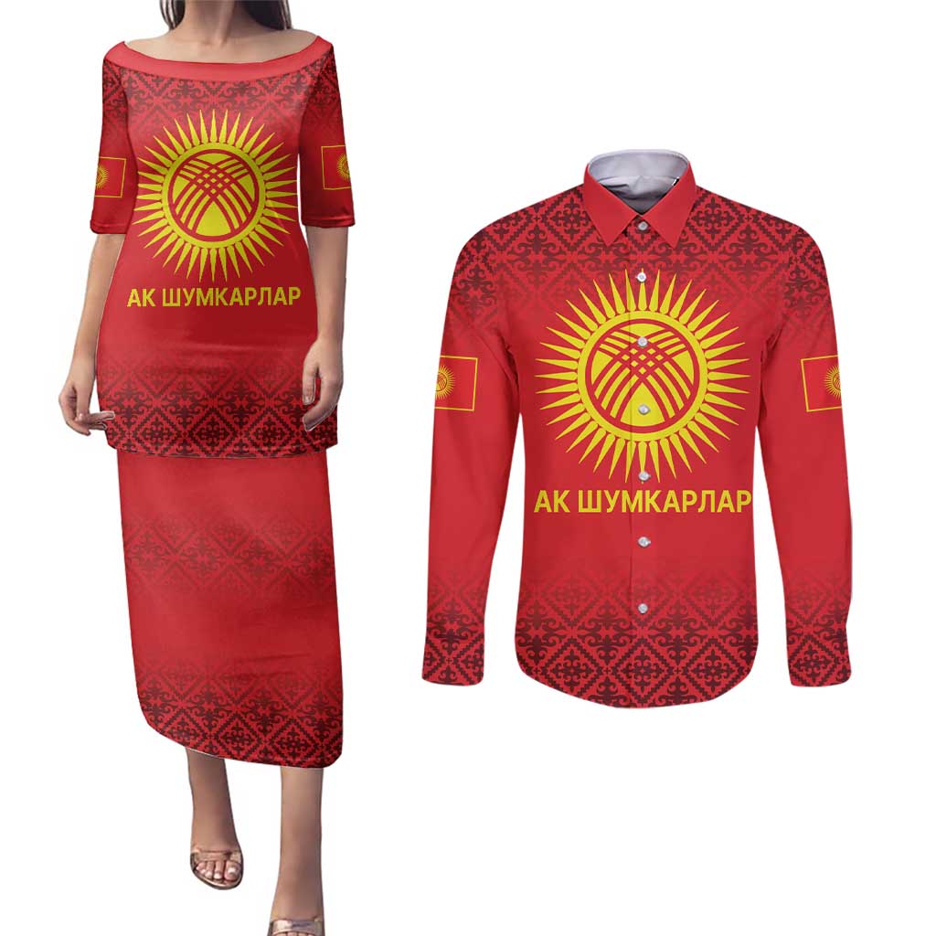 Kyrgyzstan Football Custom Couples Matching Puletasi and Long Sleeve Button Shirt Kazakh Pattern