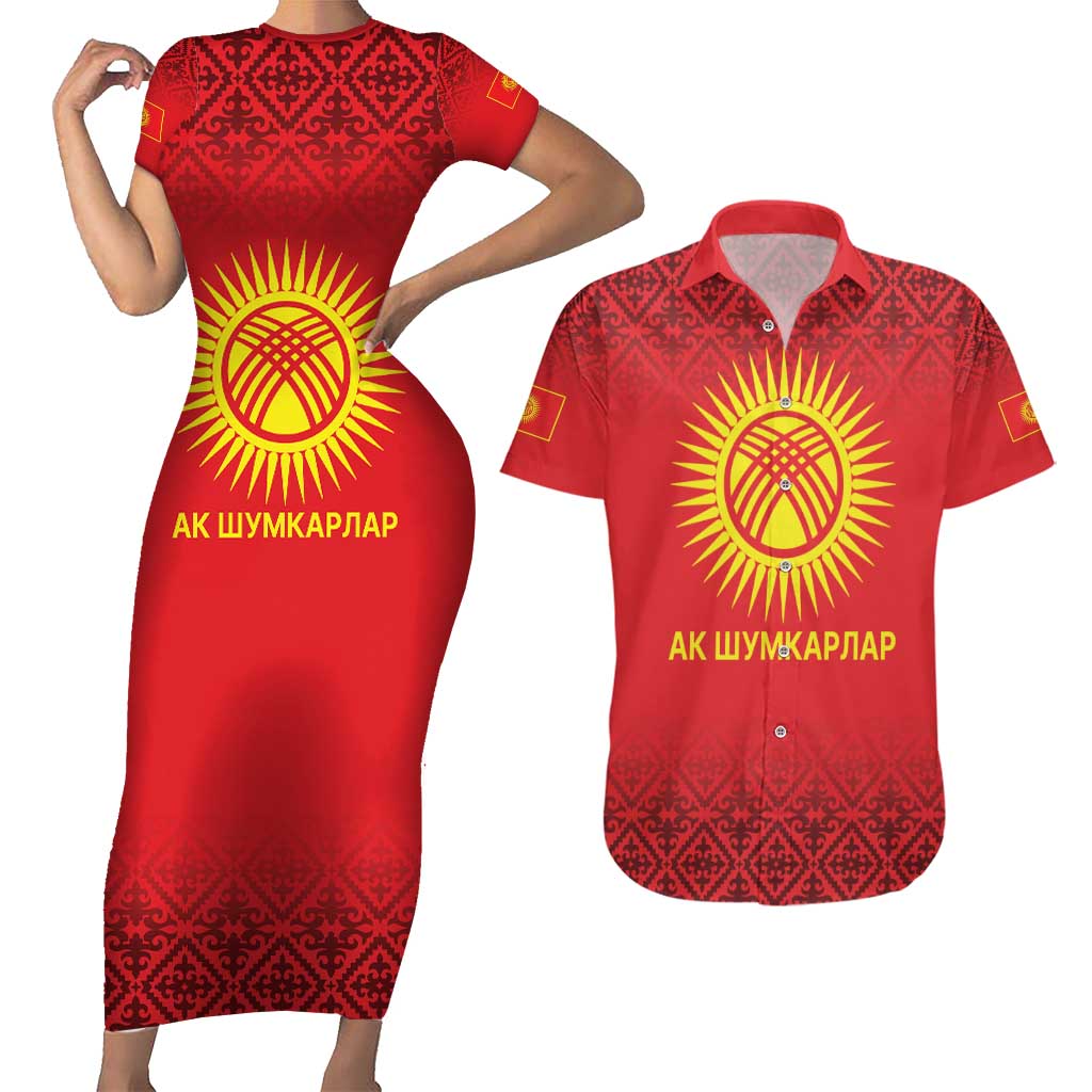 Kyrgyzstan Football Custom Couples Matching Short Sleeve Bodycon Dress and Hawaiian Shirt Kazakh Pattern