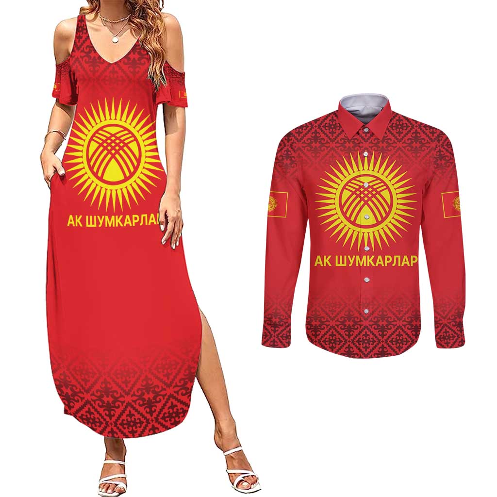 Kyrgyzstan Football Custom Couples Matching Summer Maxi Dress and Long Sleeve Button Shirt Kazakh Pattern