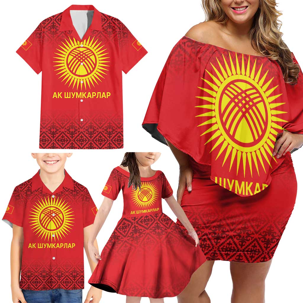 Kyrgyzstan Football Custom Family Matching Off Shoulder Short Dress and Hawaiian Shirt Kazakh Pattern