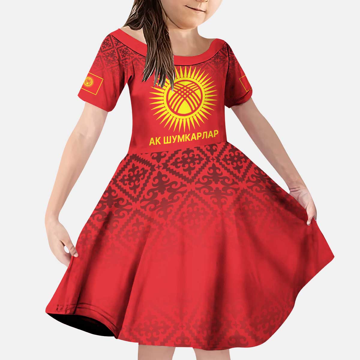 Kyrgyzstan Football Custom Kid Short Sleeve Dress Kazakh Pattern