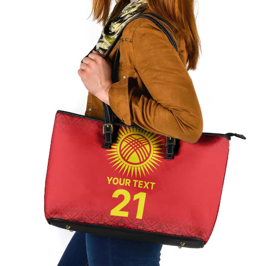 Kyrgyzstan Football Custom Leather Tote Bag Kazakh Pattern