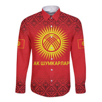 Red unisex long-sleeve button shirt with gold circular emblem and Kazakh pattern