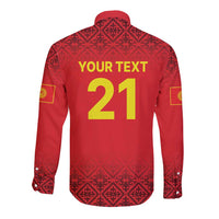 Red unisex long-sleeve button shirt back with 'YOUR TEXT' and large yellow '21'