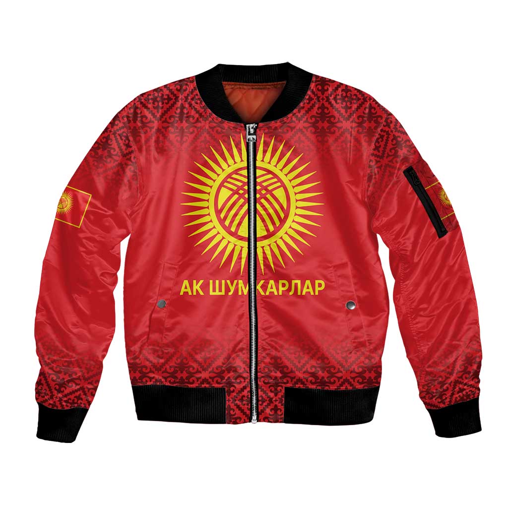 Kyrgyzstan Football Custom Sleeve Zip Bomber Jacket Kazakh Pattern