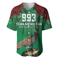 Green baseball jersey with 993 and Turkmenistan graphic, bird and red rose accents