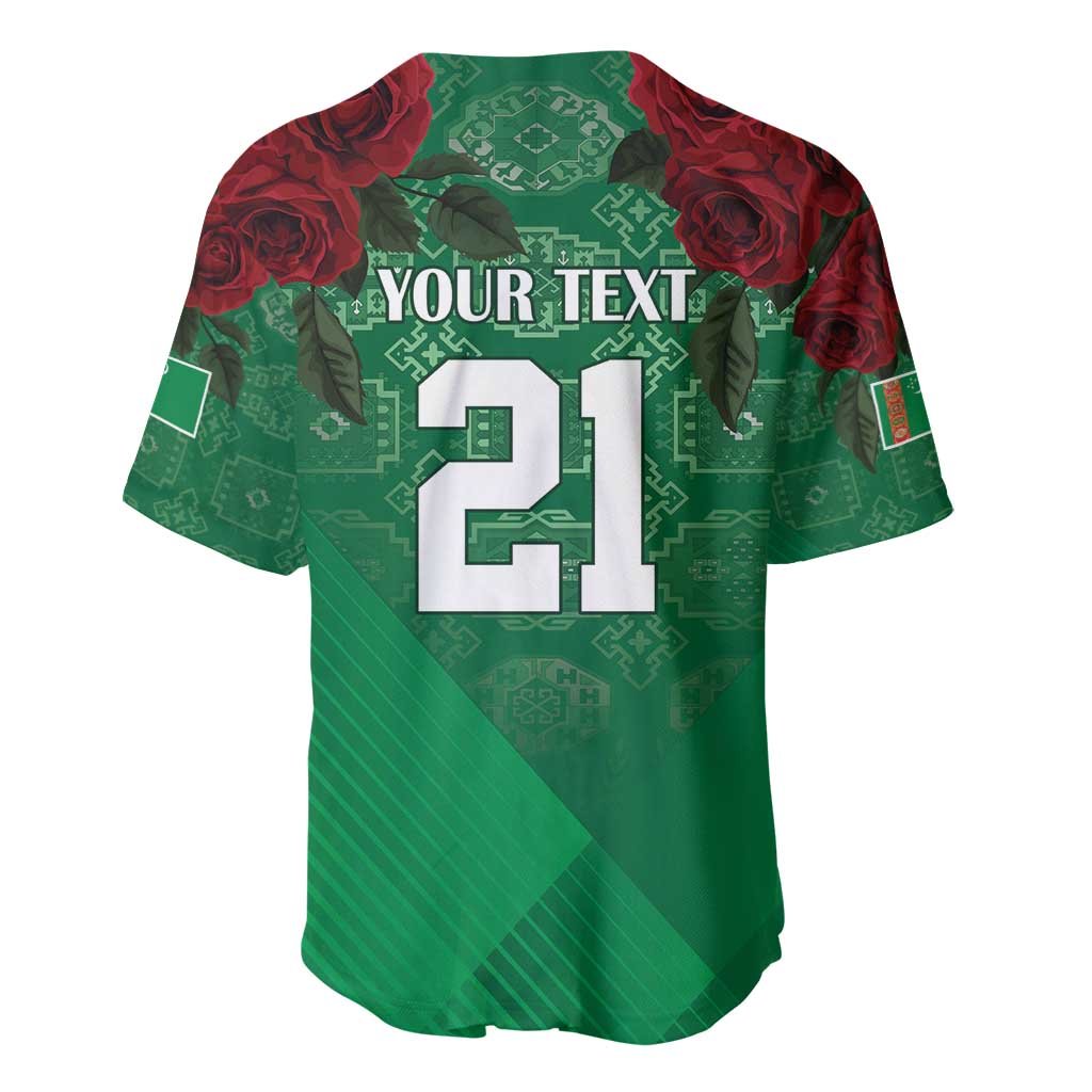Green baseball jersey with YOUR TEXT 21, red rose accents and patterned panels