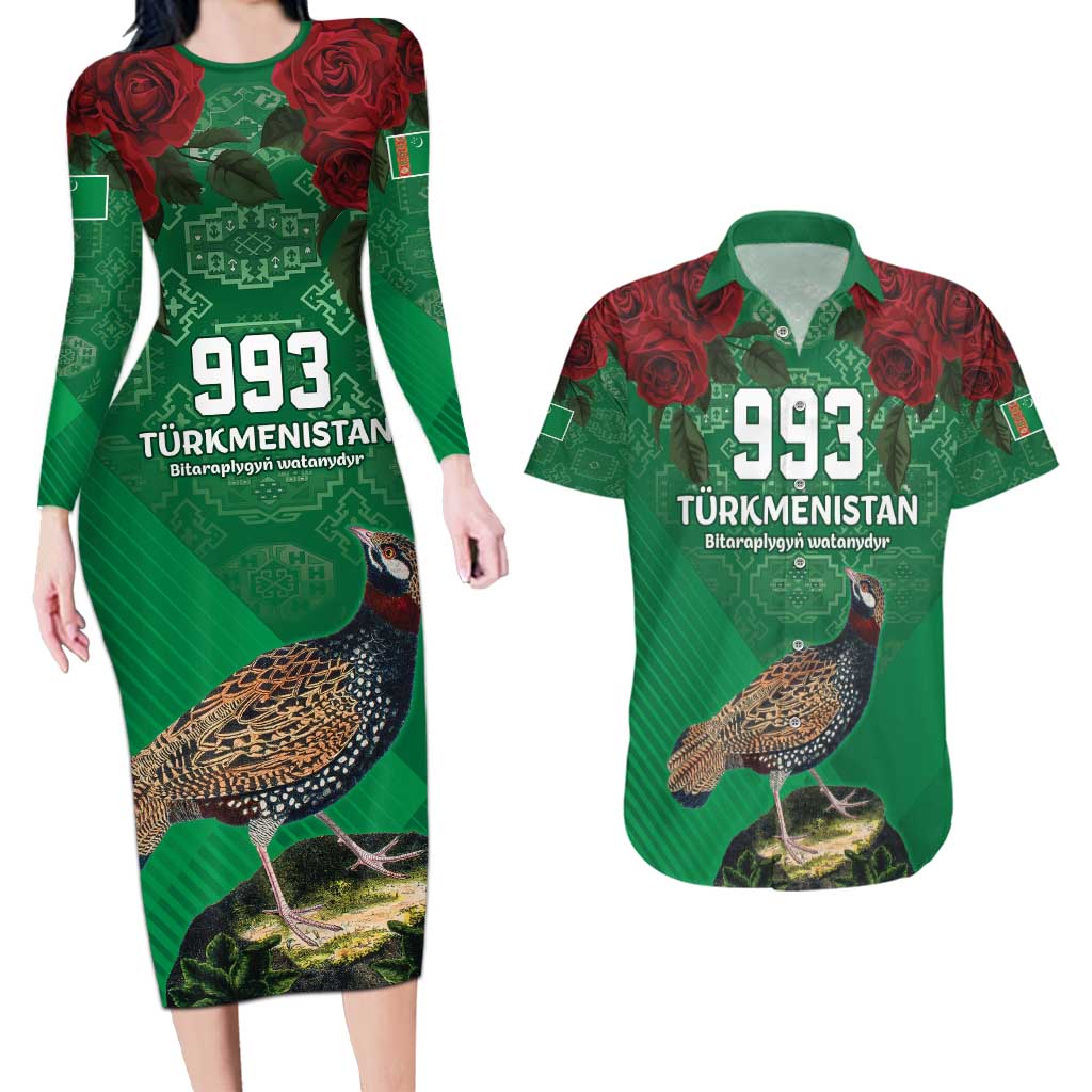 Turkmenistan 993 Custom Couples Matching Long Sleeve Bodycon Dress and Hawaiian Shirt Turkmenistan Bitaraplygyn watanydyr