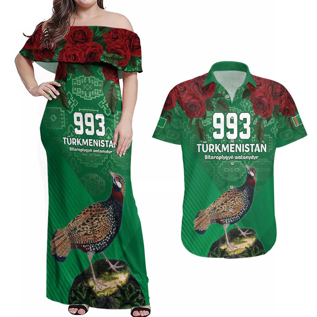 Turkmenistan 993 Custom Couples Matching Off Shoulder Maxi Dress and Hawaiian Shirt Turkmenistan Bitaraplygyn watanydyr