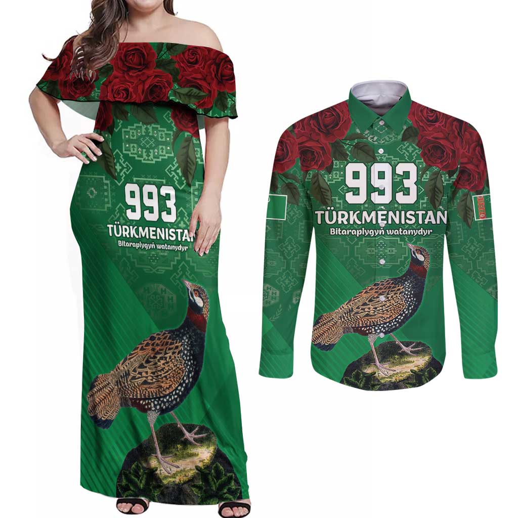 Turkmenistan 993 Custom Couples Matching Off Shoulder Maxi Dress and Long Sleeve Button Shirt Turkmenistan Bitaraplygyn watanydyr