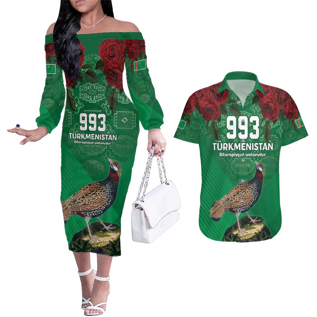 Turkmenistan 993 Custom Couples Matching Off The Shoulder Long Sleeve Dress and Hawaiian Shirt Turkmenistan Bitaraplygyn watanydyr