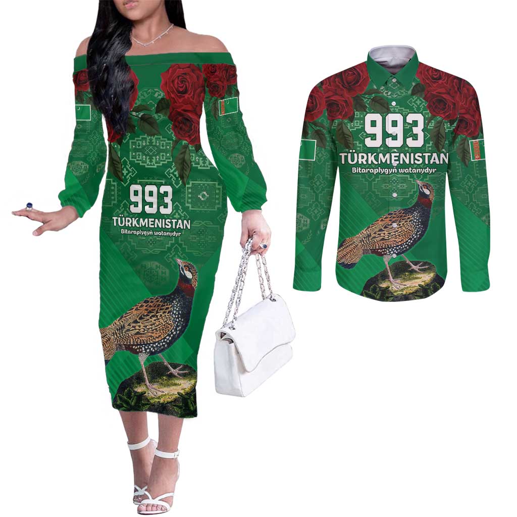 Turkmenistan 993 Custom Couples Matching Off The Shoulder Long Sleeve Dress and Long Sleeve Button Shirt Turkmenistan Bitaraplygyn watanydyr