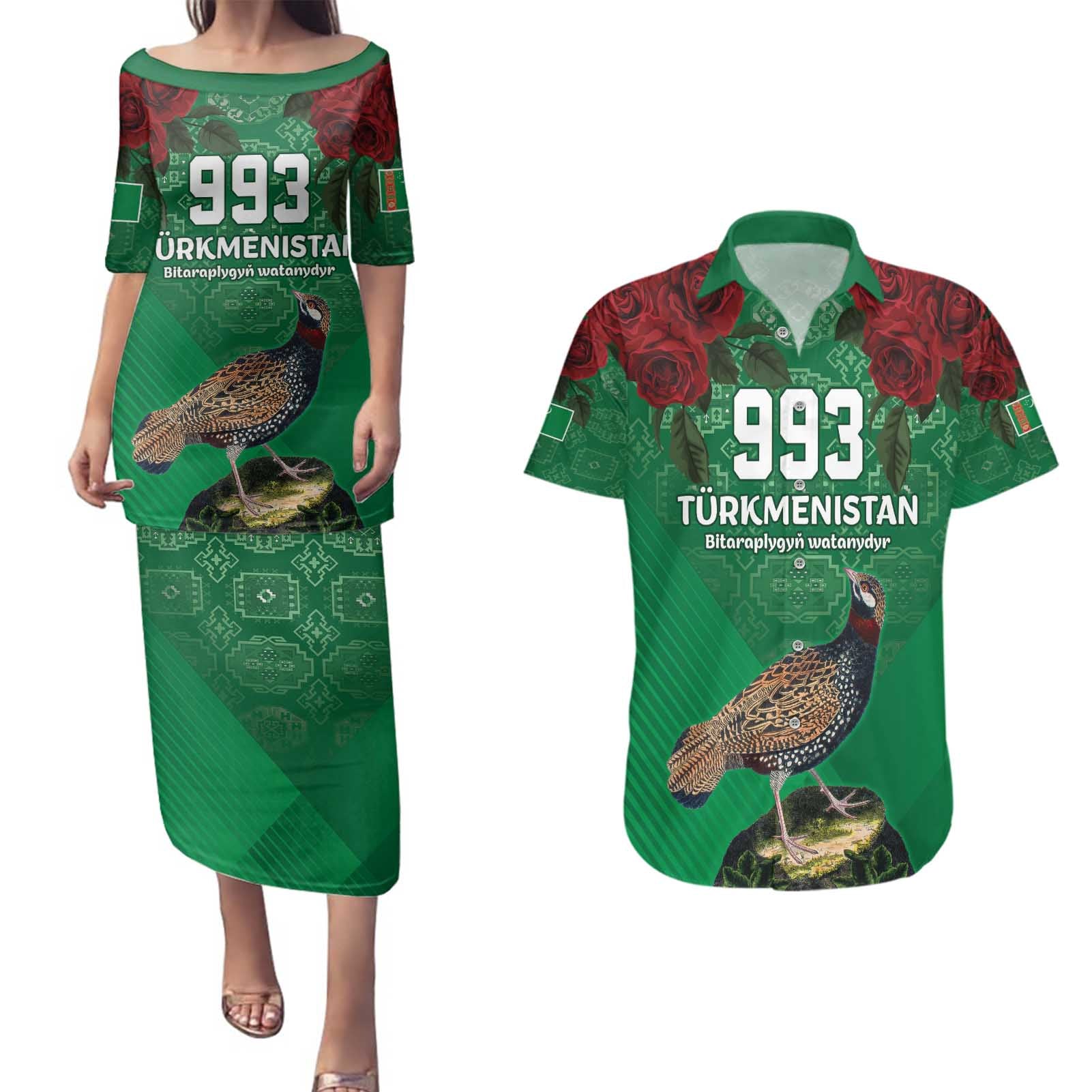 Turkmenistan 993 Custom Couples Matching Puletasi and Hawaiian Shirt Turkmenistan Bitaraplygyn watanydyr