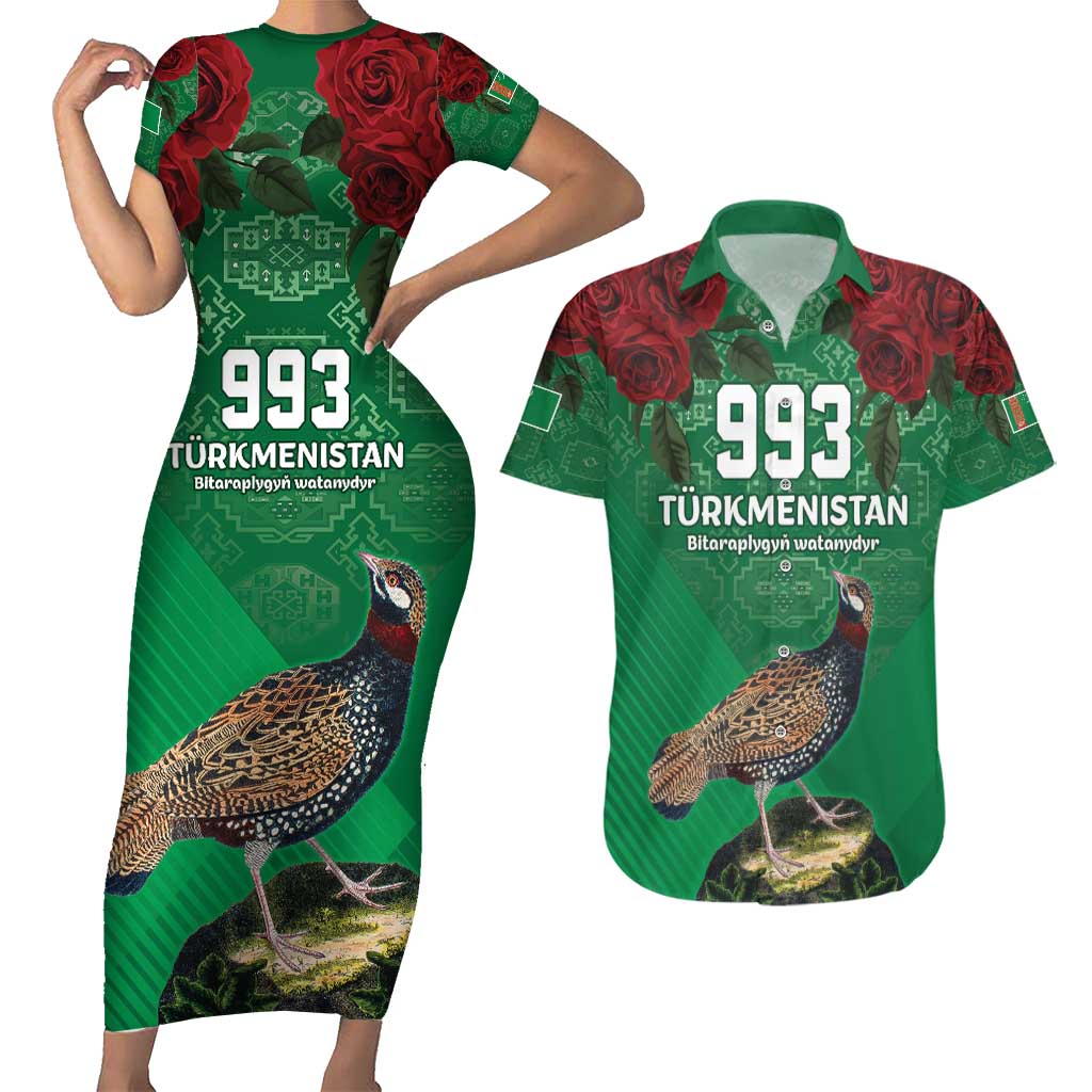 Turkmenistan 993 Custom Couples Matching Short Sleeve Bodycon Dress and Hawaiian Shirt Turkmenistan Bitaraplygyn watanydyr