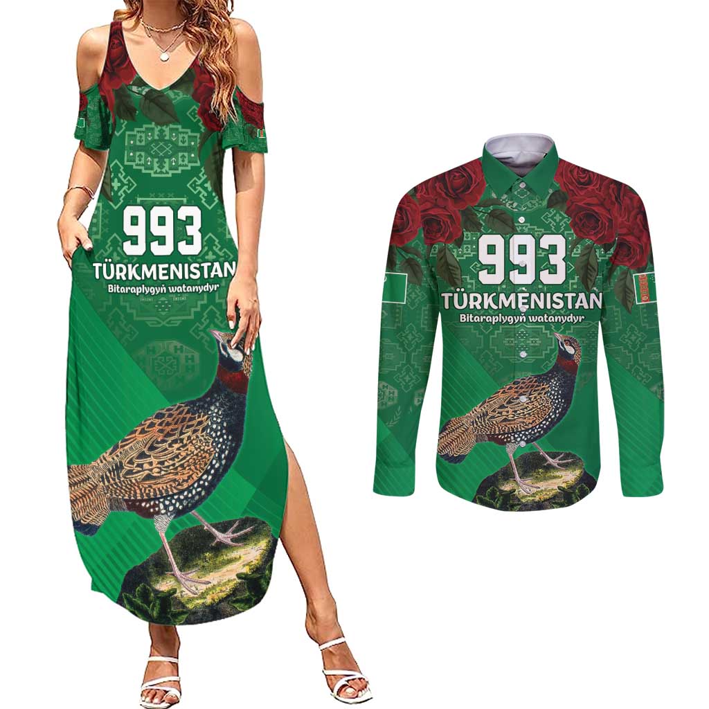 Turkmenistan 993 Custom Couples Matching Summer Maxi Dress and Long Sleeve Button Shirt Turkmenistan Bitaraplygyn watanydyr