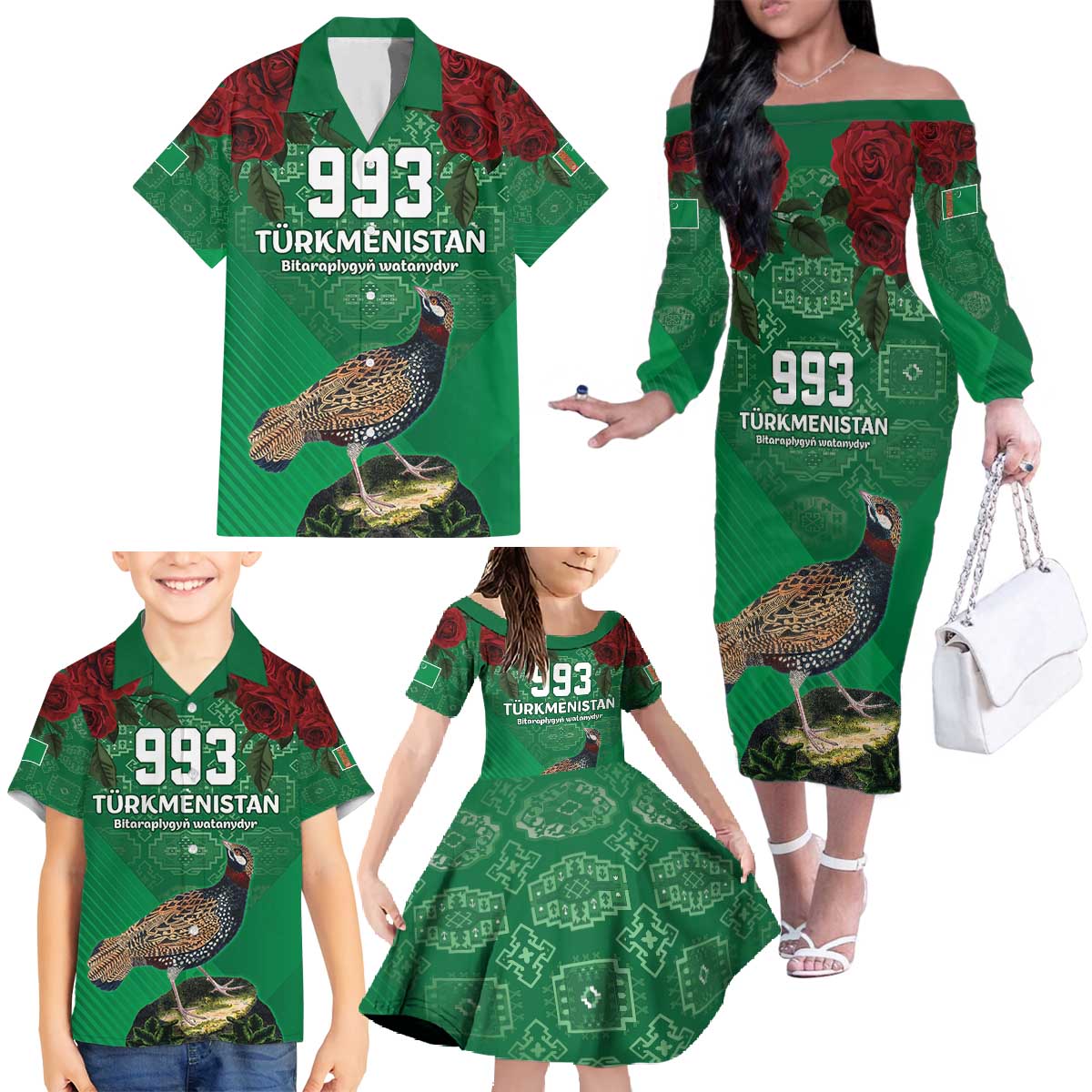 Turkmenistan 993 Custom Family Matching Off The Shoulder Long Sleeve Dress and Hawaiian Shirt Turkmenistan Bitaraplygyn watanydyr