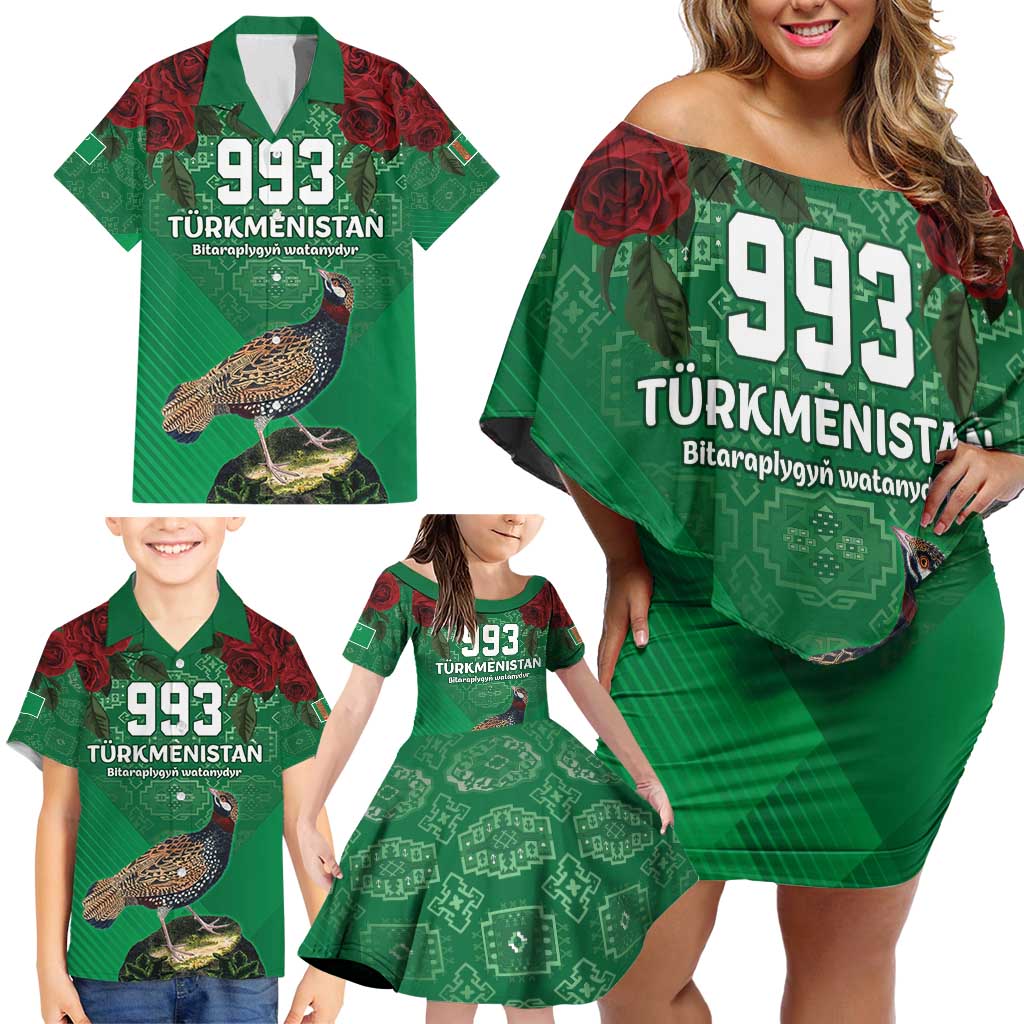 Turkmenistan 993 Custom Family Matching Off Shoulder Short Dress and Hawaiian Shirt Turkmenistan Bitaraplygyn watanydyr