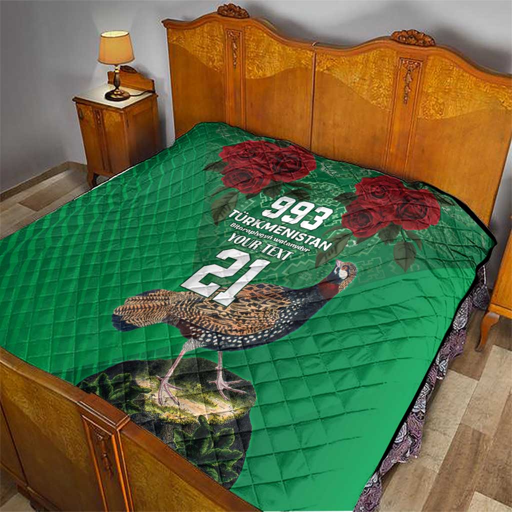 Green quilt on bed with red roses, bird image, 993 Turkmenistan text and 21.