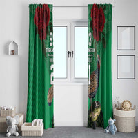 Green curtain panels with red rose details and bird artwork, shown on a doorway area